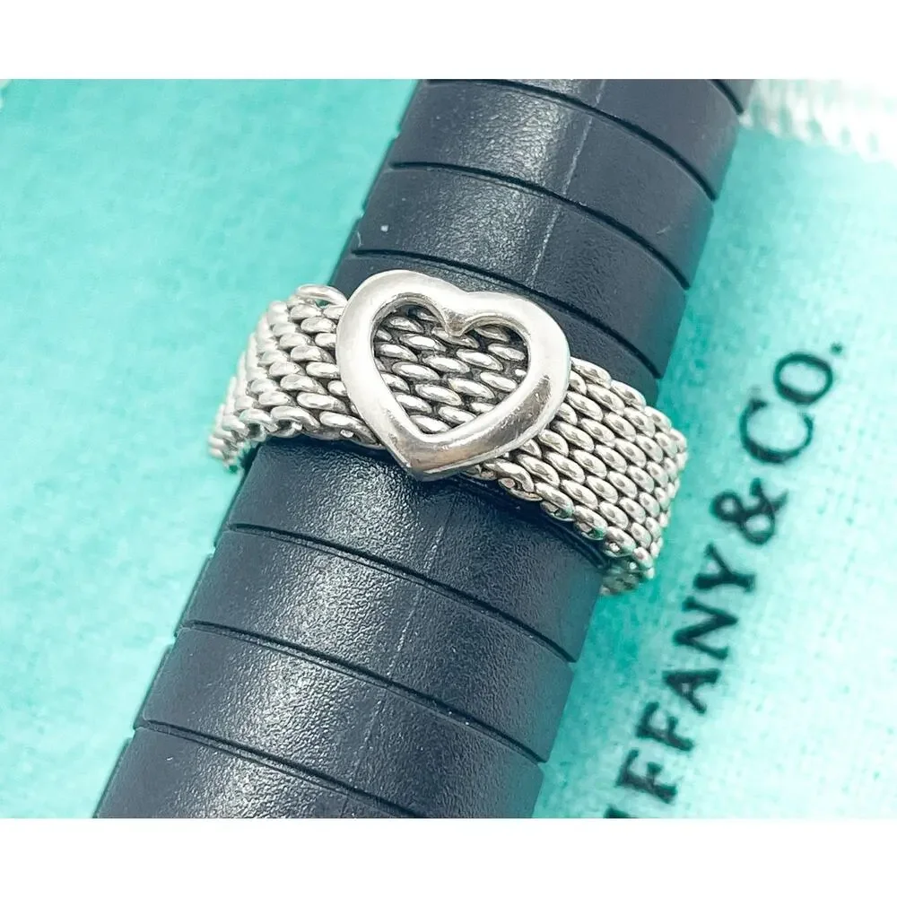Tiffany & Co. Somerset Mesh Heart Ring Sterling Silver Size 8 w/ Pouch